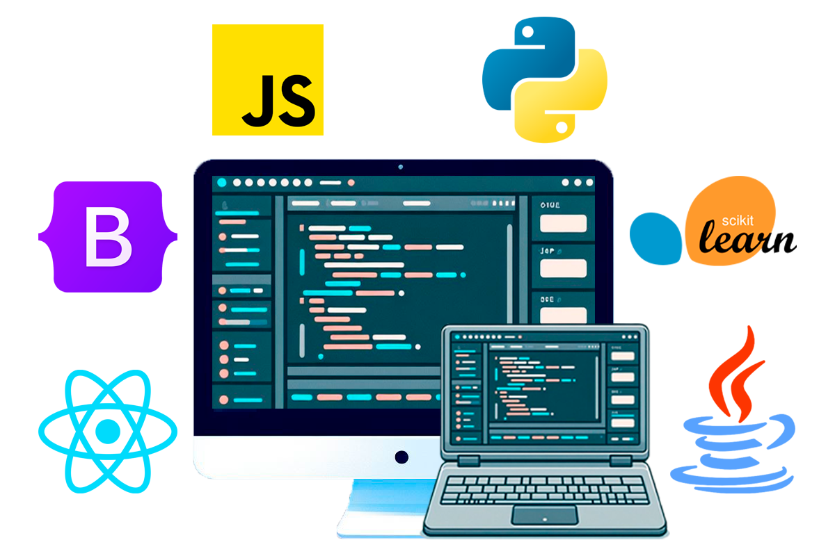 Computadora y logo de HTML, CSS, JS y react